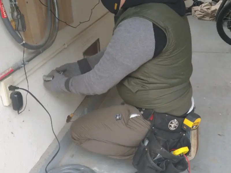 Electrician performing outlet wiring in a Swainsboro garage